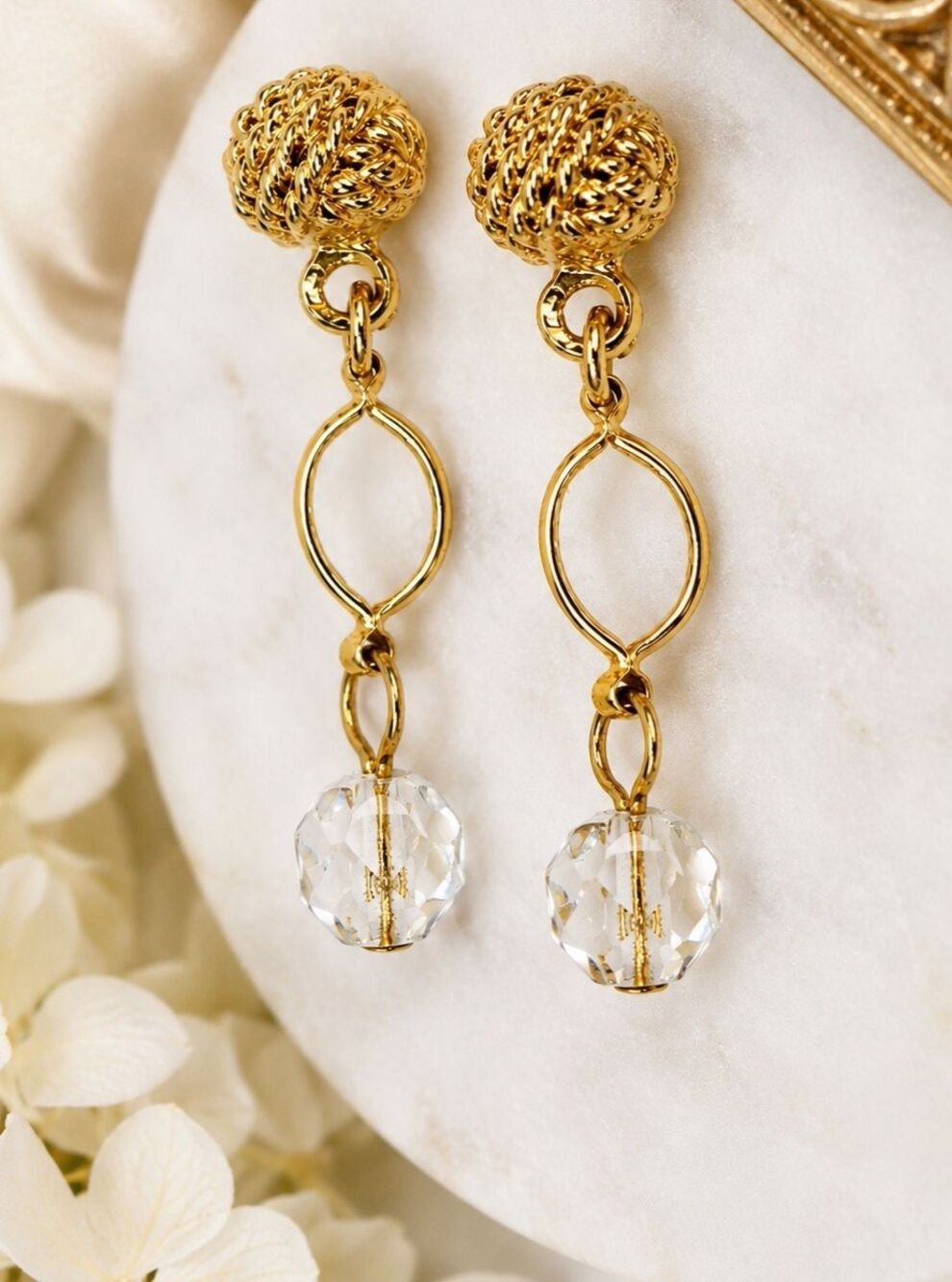 Vintage Gold Tone Knot Ball Dangle Earrings Faceted Clear Crystal Bead Drop Post